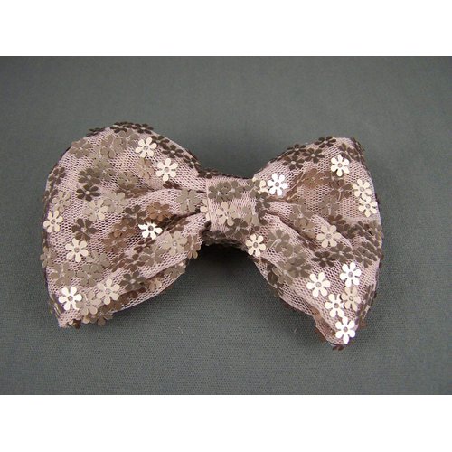 Taupe flower sequins chiffon fabric BOW 4 wide barrette hair clip gator claw