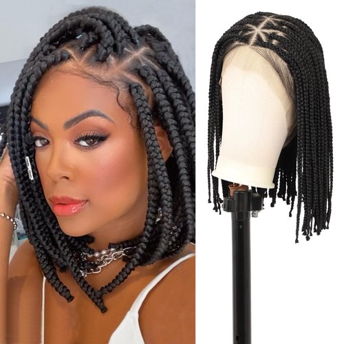 Olymei 360° HD Full Lace Braided Wigs Short Box Braid Wig Triangle Knotless Braided Wig with Baby Hair Human Hair Blended Bob Braids Wig Braided Lace Front Wigs for Women 14" Black