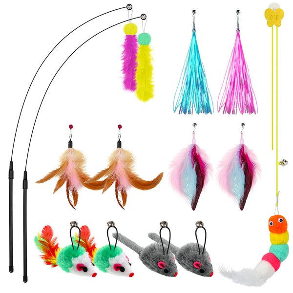 QUOZUO Interactive Cat Feather Toys Cat Teaser Wand Set and Hanging Cat Door Toys with 13pcs Cat Feather Replacement Toys Mice, Cat Toys Kitten Toys for Indoor