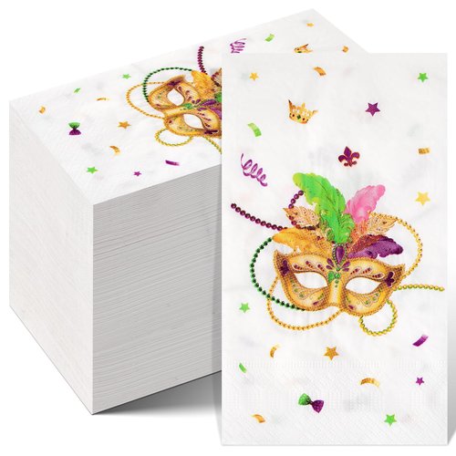 Ragnhild 100 Pcs Mardi Gras Mask Paper Napkins Party Decorations, Masquerade Guest Bathroom Napkins Disposable, Mardi Gras Rectangle Cocktail Napkins for Mardi Gras Carnival Party Supplies, 4.3"x7.9"