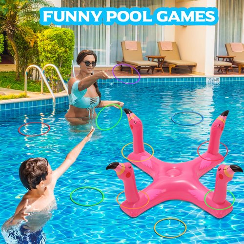 Uniqhia Inflatable Pool Ring Toss Games Toys, Floating Shark Flamingo Swimming Pool Ring with 6Pcs Rings, Swimming Pool Games for Kids Adults Summer Pool Party