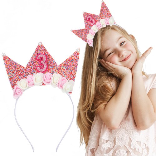 WY LIGHTING LEVEL 3rd Birthday Decorations Happy Birthday Crown Headbands Glitter Hair Band 3 Year Old Flower Princess Tiara Party Hair Accessory for Toddlers Girls(3rd)