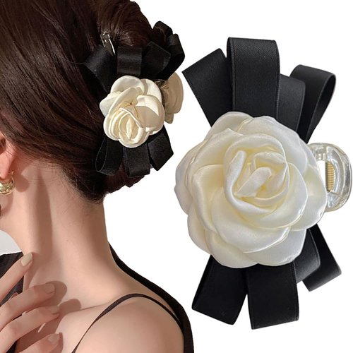 Myhiju Camellia Bow Hair Clip, White Flower Black Bow Claw Clip, Floral Hair Accessory for Women ...