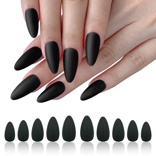 AddFavor 120pcs Press on Nails Medium Length Matte Black Almond Fake Nails Full Cover Stiletto Acrylic False Glue on Nails Set with Adhesive Tabs for Women and Girls Manicure, 12 Sizes