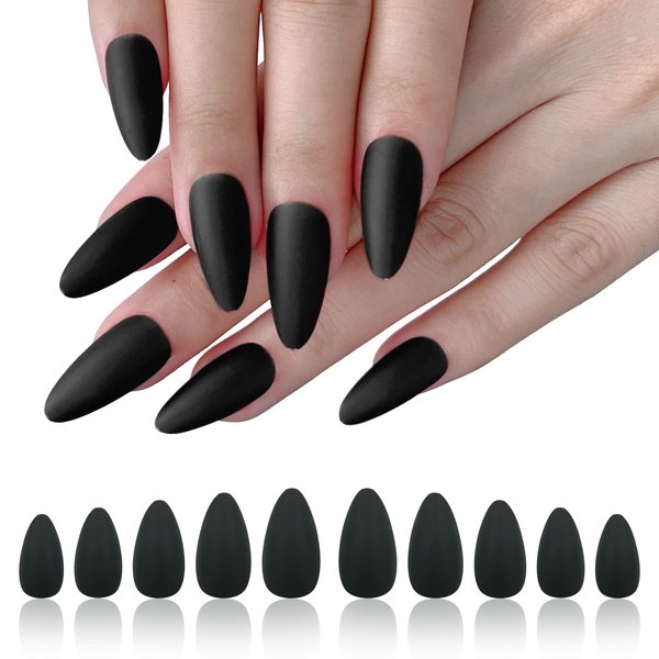 AddFavor 120pcs Press on Nails Medium Length Matte Black Almond Fake Nails Full Cover Stiletto Acrylic False Glue on Nails Set with Adhesive Tabs for Women and Girls Manicure, 12 Sizes