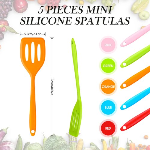 Romooa 5 Pack Small Silicone Turner High Heat Resistant Slotted Spatula Silicone Spatula Turner Slotted Fish Turner Set Flipper Mini Serving Spatula for Cooking (Red, Blue, Green, Orange, Pink)