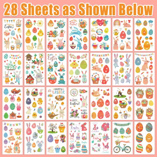 Partywind 275 Glitter Styles (28 Sheets) Easter Kids Tattoos for Party Supplies, Easter Party Favors Decorations for Basket Stuffers, Easter Spring Accessories Toys for Toddlers Egg Hunt Games