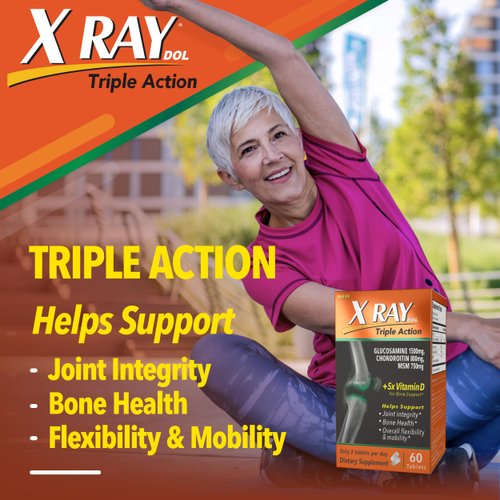 X Ray Dol Triple Action Joint Support Supplement with Glucosamine 1500mg, Chondroitin 800mg, MSM 750mg and 5X Vitamin D for Healthy Joints, Bones & Cartilage - 60 Count per Bottle - 1 Pack