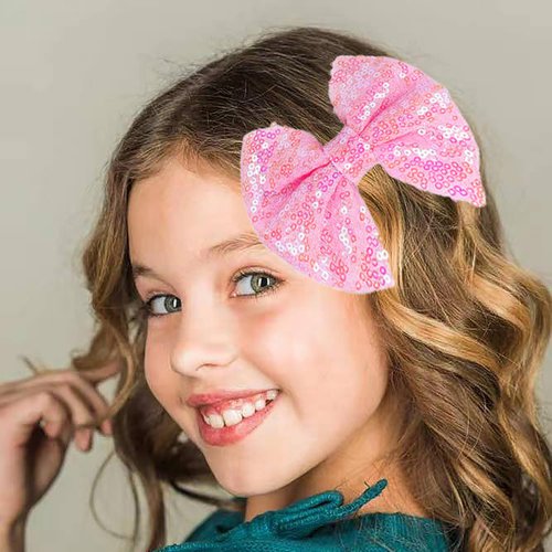 Love Fairy Glitter Bow Hairpin - A sparkling sequin bow tie hair clip, 5 inches, perfect for girls, teens, and women (Pink)