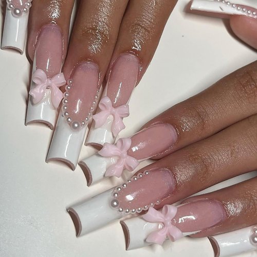 Bow Press on Nails Long Coffin White French Tip Fake Nails Pearl Glue on Nails Design Full Cover Extra Long Artificial Nails for Women Nail Decoration 24 Pcs