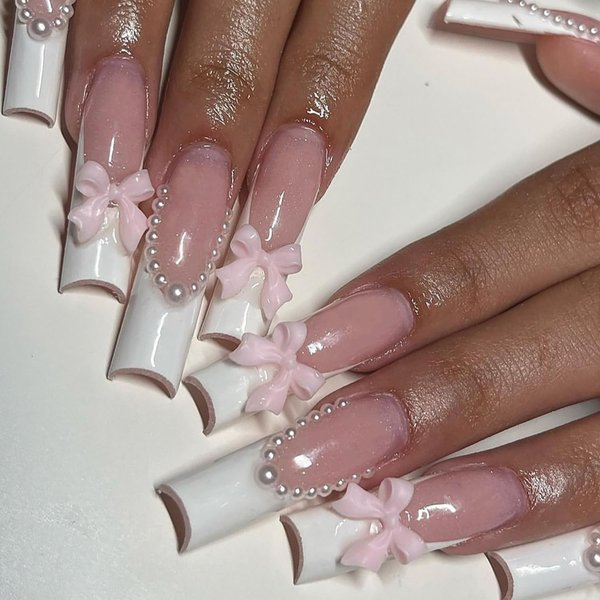 Bow Press on Nails Long Coffin White French Tip Fake Nails Pearl Glue on Nails Design Full Cover Extra Long Artificial Nails for Women Nail Decoration 24 Pcs