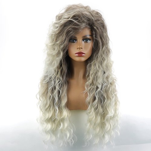 Fencca Ash Blonde Long Curly Wigs for Women Ombre Color Heat Synthetic Curly Wig Mix Blonde Curly...