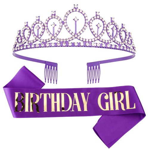 CIEHER Purple Birthday Decorations, Birthday Girl Purple Birthday Sash, Birthday Girl Headband, Birthday Girl Crown Tiara, Birthday Crown for Girls, Purple Crown, Purple Happy Birthday Cake Topper, 10 13 16 18 21 Purple Birthday
