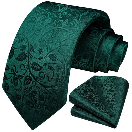 HISDERN Green Mens Tie Paisley Floral Ties for Men Solid Classic Formal Handkerchief Men's Neckties and Pocket Square Set Tuxedo for Wedding