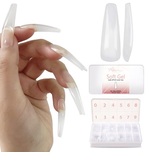Allkem Soft Gel Nail Tips - XXL Ballerina Clear | 360 Pcs 12 Sizes Extra Extra Long Full Cover Nail Kit
