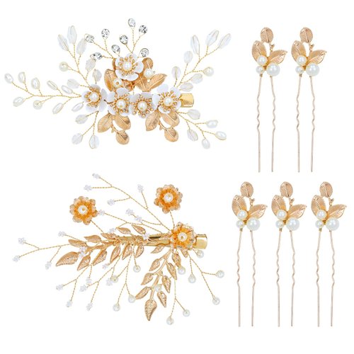 Dizila 7 Pieces Gold Metal Party Prom Wedding Bridal Pearl Rhinestone Flower Hair Clips Barrettes+U-shaped Leaf Hairpins Headpieces Accessories for Brides Bridesmaids Women Girls