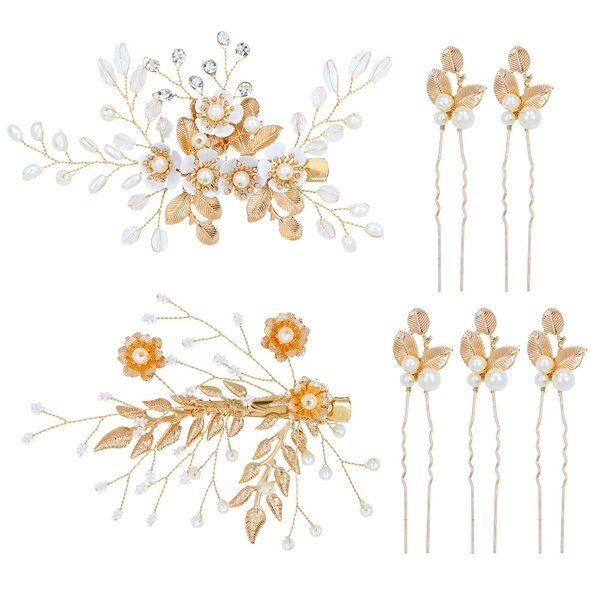 Dizila 7 Pieces Gold Metal Party Prom Wedding Bridal Pearl Rhinestone Flower Hair Clips Barrettes+U-shaped Leaf Hairpins Headpieces Accessories for Brides Bridesmaids Women Girls