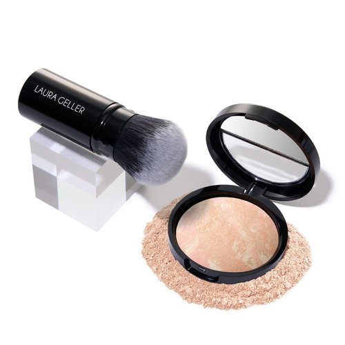 LAURA GELLER NEW YORK Get Glowing Kit (2pc): Baked Balance-n-Glow Illuminating Powder Foundation, Medium + Airbrush Kabuki Makeup Brush