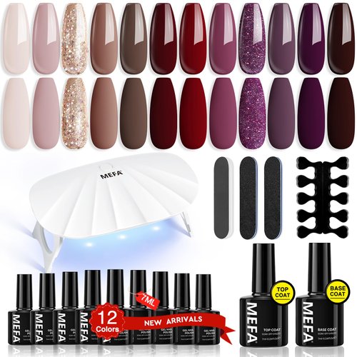 MEFA 19 Pcs Gel Nail Polish Kit with U V Light, 12 Colors Fall Gel Nail Polish Set Burgundy Red Champagne Gold Glitter Gel Soak Off Purple Manicure Tools Beginners Salon Art Nails Art DIY for Women