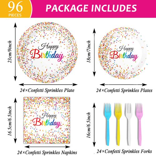 96 Pieces Happy Birthday Plates and Napkins Party Supplies for Confetti Sprinkles Theme Table Decorations Pastel Birthday Party Tableware Donut Paper Plates Napkins Forks Favors for 24 Guests.
