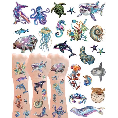 210Pcs Under the Sea Party Temporary Tattoos - Under The Sea Party Favors, Under the Sea Party Decorations, Whale Jellyfish Octopus Tattoo, 18 Sheets