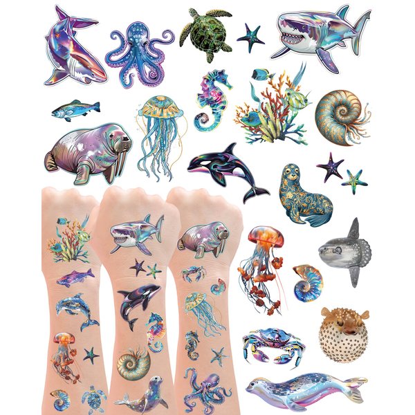 210Pcs Under the Sea Party Temporary Tattoos - Under The Sea Party Favors, Under the Sea Party Decorations, Whale Jellyfish Octopus Tattoo, 18 Sheets