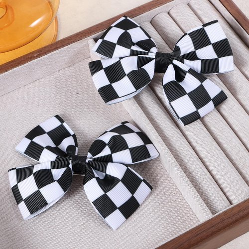 2Pc Racing Checkered Flag Hair Bow Clips 4 inch Girls Women Black White Buffalo Plaid Ribbon Pigtail Bow Barrettes Race Fan Hair Accessories Car-Themed Birthday Party Gift