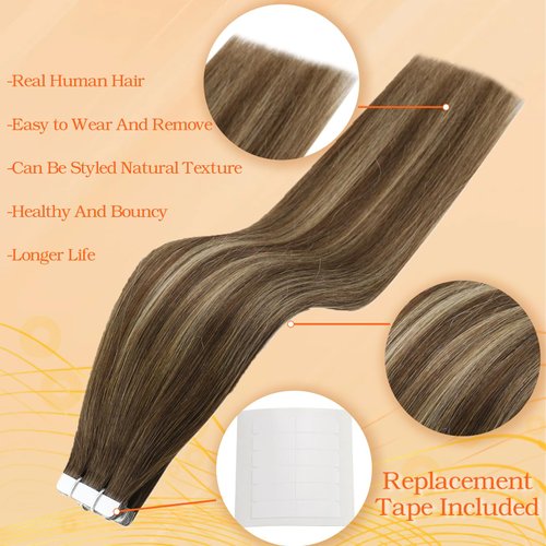 Full Shine Tape in Hair Extensions Human Hair 18 Inch Tape in Brown Hair Extensions Color 4/24/4 50 Gram 20 Pcs Balayage Tape in Extensions invisible Tape in Human Hair Extensions Remy Human Hair