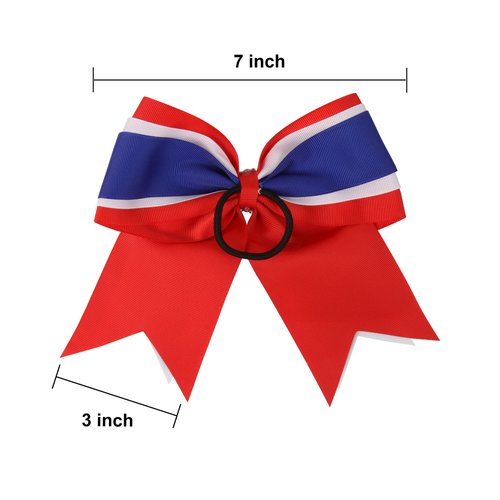 8 Inch 3 Colors 3 Layers 6 Pcs Cheerleader Bows Jumbo Cheerleading Bows Hair Elastic Hair Tie for High School College (Red/White/Royal blue)