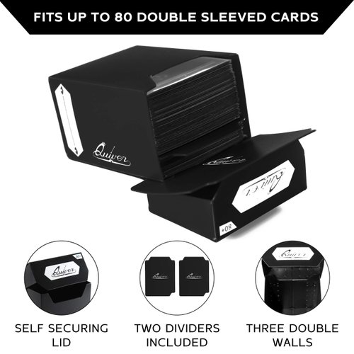 Quiver Time Black Trading Card Deck Box and Sleeves Bundle - 80+ Quiver Deck Block with 2 Dividers (Commander MTG Deck Box MTG) + 100 Artemis Black Card Sleeves with Black Interior (66 x 93 mm)