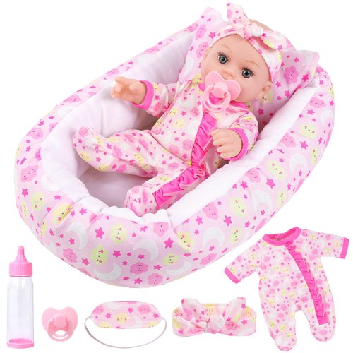 DONTNO 12 Inch Baby Doll with Soft Sleep Bassinet Bed,Reborn Alive Doll Includes Clothes and Accessories,Bottles,Nipple,Eye Mask,First Baby Dolls for Toddlers 36 Months and Up