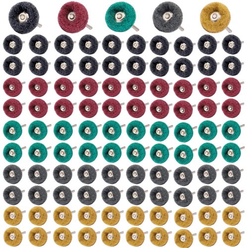 100Pcs Abrasive Buffing Wheels, 1 Inch Buffing Polishing Wheel Set with 1/8 Inch Shank, 20Pcs Each of 80 150 240 400 600 Grit Scouring Pad Abrasive Wheel for Power Rotary Tool, Rust Removal, Polishing