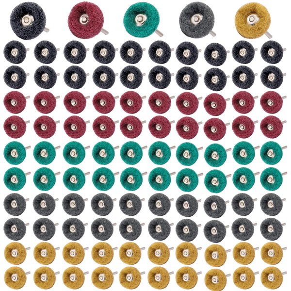 100Pcs Abrasive Buffing Wheels, 1 Inch Buffing Polishing Wheel Set with 1/8 Inch Shank, 20Pcs Each of 80 150 240 400 600 Grit Scouring Pad Abrasive Wheel for Power Rotary Tool, Rust Removal, Polishing
