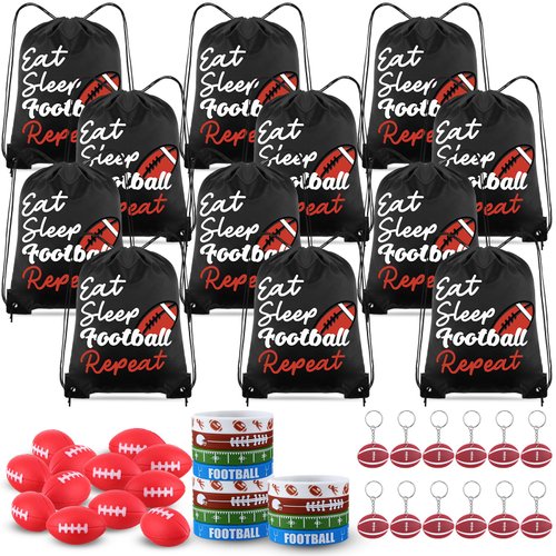 MiniInflat 48 Pcs Football Party Favors for Kids Include 12 Football Drawstring Bags, 12 Football Keychain, 12 Silicone Football Bracelets, 12 Mini Stress Ball for Sports Birthday Supplies Decorations