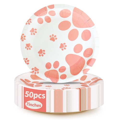 ATAMOW 50pcs Pink Paw Paper Plates,7 In Disposable Pink Paper Plates,Dog Party Plates,Disposable Plates for Holiday Birthday Camping Weeding Dessert Dinner Party Supplies