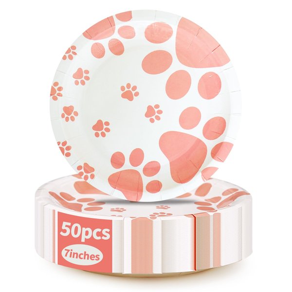 ATAMOW 50pcs Pink Paw Paper Plates,7 In Disposable Pink Paper Plates,Dog Party Plates,Disposable Plates for Holiday Birthday Camping Weeding Dessert Dinner Party Supplies