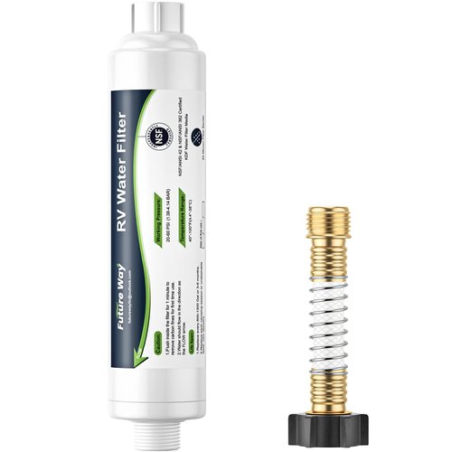 Future Way RV Water Filter with Flexible Hose Protector, Reduces Odors, Sediments and Bad Taste, Ideal for RVs, Campers and Travel Trailers, NSF Certified & KDF Technology
