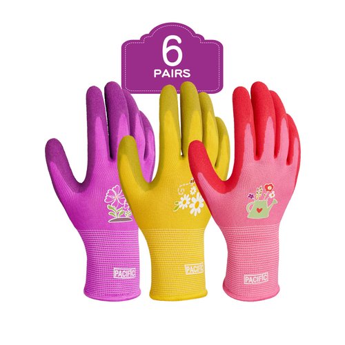 PACIFIC 6 Pairs Gardening Gloves for women, Rubber Coated Garden Gloves, Ladies Yard Work Gloves, Breathable, Purple & Yellow & Red, Medium