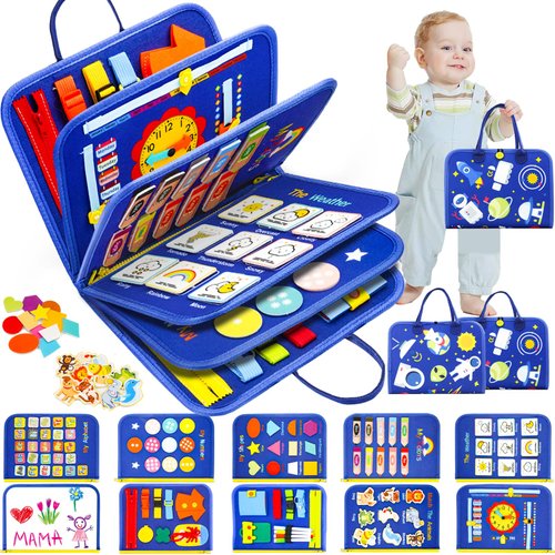 SaFeli Busy Board 12 Pages, Montessori Sensory Toys for Toddlers 1 2 3 4 Year Old - Boys Girls Birthday Gifts, Travel Busy Book for Airplane Car, Educational Learning Activities for Ages 1-3
