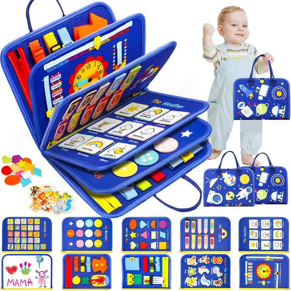 SaFeli Busy Board 12 Pages, Montessori Sensory Toys for Toddlers 1 2 3 4 Year Old - Boys Girls Birthday Gifts, Travel Busy Book for Airplane Car, Educational Learning Activities for Ages 1-3