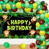 Monkey Birthday Party Decorations - Jungle Safari Balloon Garland Arch Kit with Happy Birthday Backdrop, Monkey Banana Foil Balloons, Artificial Tropical Palm Leaves for Baby Birthday Party Supplies