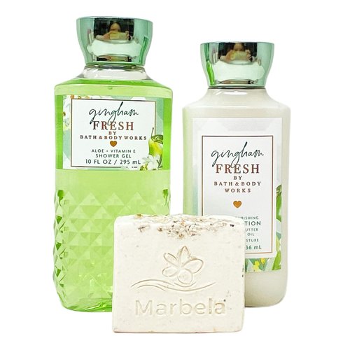 Bath & Body Works Gingham Fresh 2 Piece Gift Set - Body Lotion and Shower Gel - with a Natural Oats Bar Soap - Full Size