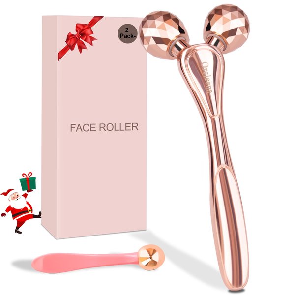 ORCLEENA 3D Face Roller Metal Facial Massager Face Sculpting Gua Sha Massage Tool with Ice Globe for Eye Skin Care Reducing Puffiness Anti-Wrinkle for Women Girl Gift Set(Rose Gold)
