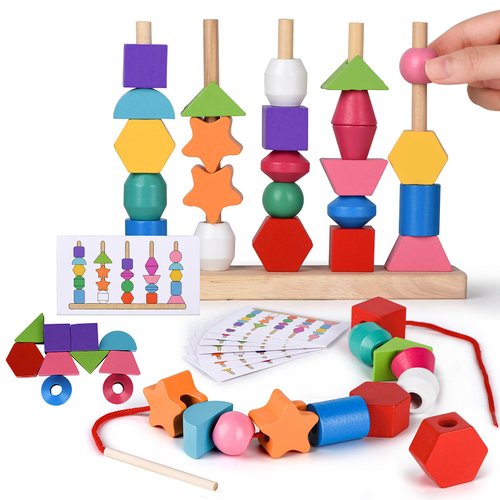 Montessori Bead Sequencing Toy Set, Wooden Stacking Blocks & Lacing Beads & Matching Shape Colors Stacker, Montessori Toys for 2 3 4 5 Year Old, Toddlers Preschool Learning Fine Motor Skills Toys