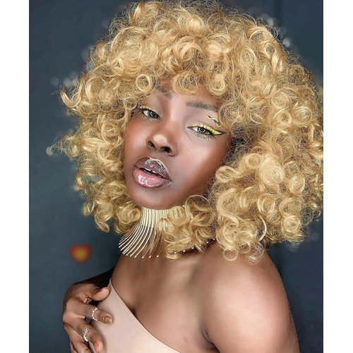 CurlCOO Blonde Curly Wigs for Black Women Short Curly Wig with Bangs Soft Big Loose Cute Afro Kinky Curly Hair 14 Inch Synthetic Wig for Black Women(Blonde)