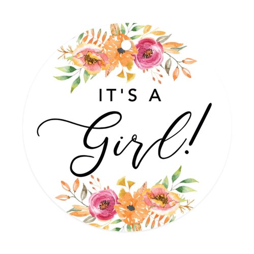 Andaz Press Autumn Fall Watercolor Baby Shower Party Collection, Round Circle Gift Tags, It's a Girl!, Autumn Floral Bouquet Graphic Design, 24-Pack