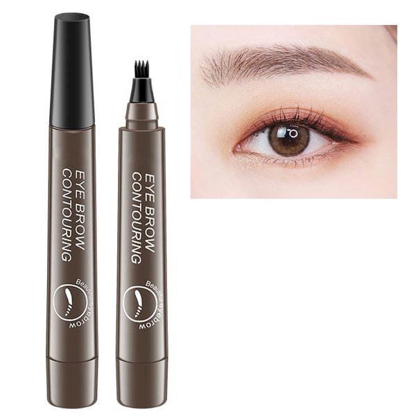 Microblading Eyebrow Pen - Eyebrow Pencil Magical Upgraded Eye Brow Pencils for Women with 4 Fork Tip & Spoolie Brush for Natural-Looking Hair-Like Defined Brows, Last All-Day (Gray Brown)
