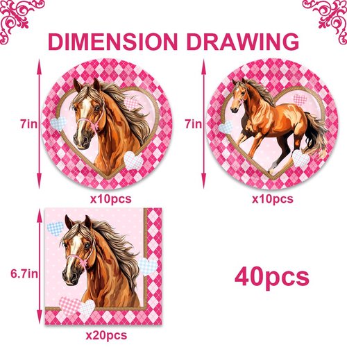 40PCS horse Birthday Party Supplies，Horse Party Tableware Set Including Horse Party Plates Napkins for Pink horse Party Plates and Napkins