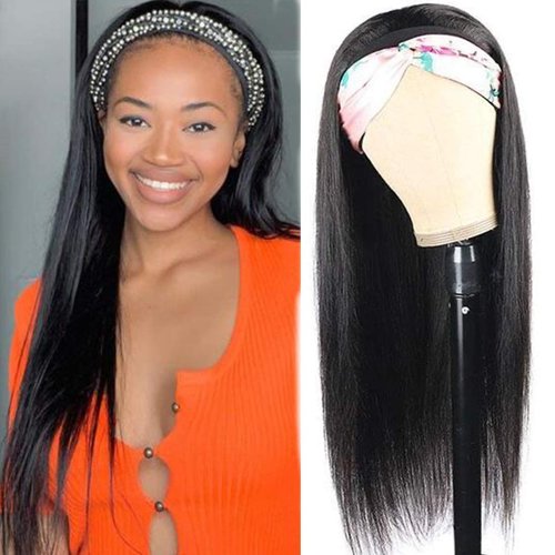 Angie Queen Headband Wigs for Black Women Sraight Human Hair Wigs Brazilian Virgin Hair None Lace Front Wigs Machine Made Wigs Headband Wig 180% Density (14" Headband wigs)