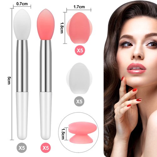 Newtay 20 Pcs Silicone Lip Brush Covers and Lip Brushes for Lipsticks, Lip Gloss, Lip Balm and Other Cream Makeup Products Pink White